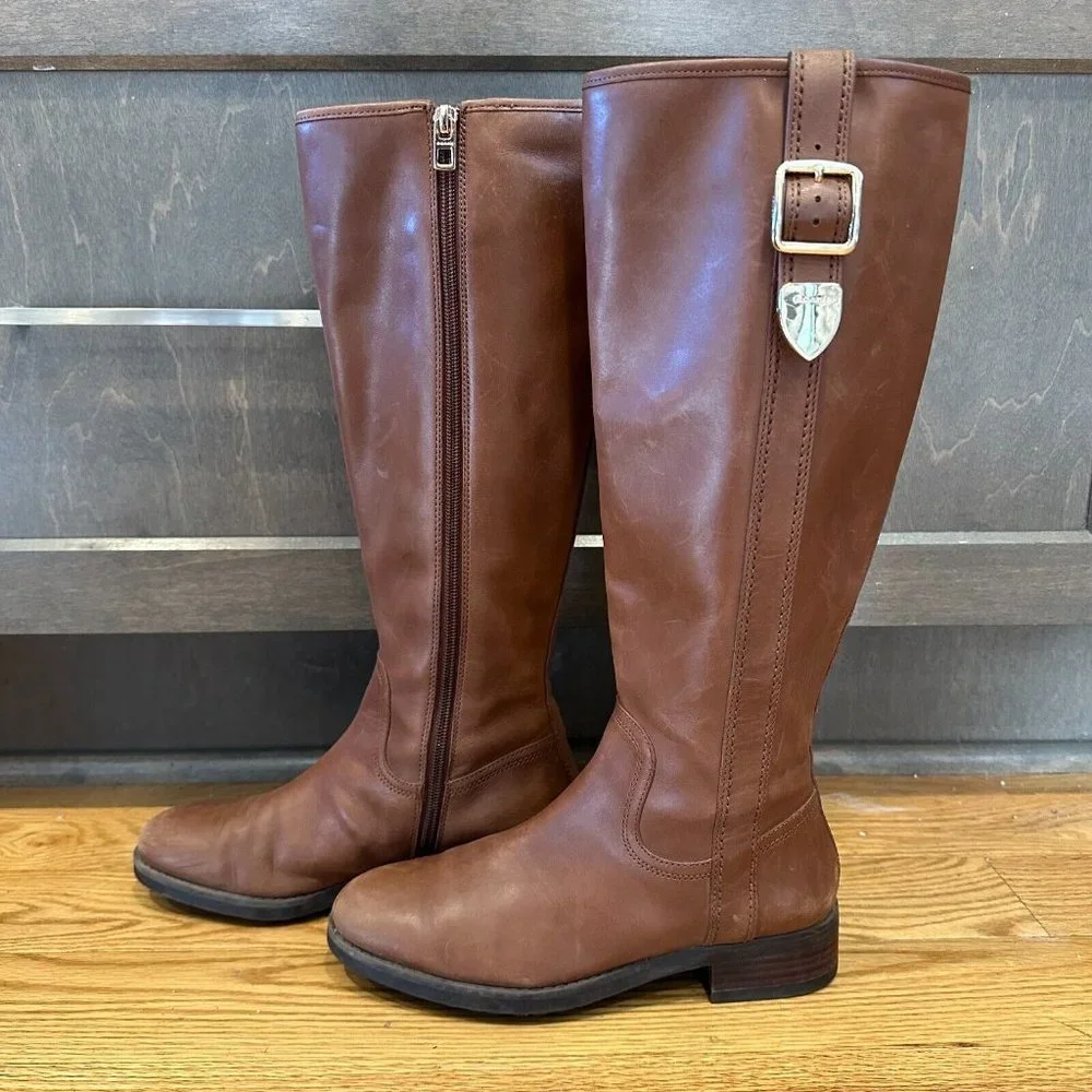 Womens Coach Easton Tall Tan Leather Buckle Zip Casual Riding Boots Size 6 B GUC